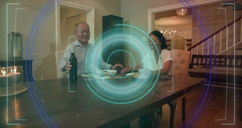 Couple Sharing Candlelit Dinner with Augmented Reality HUD Overlay and Warm Interior
