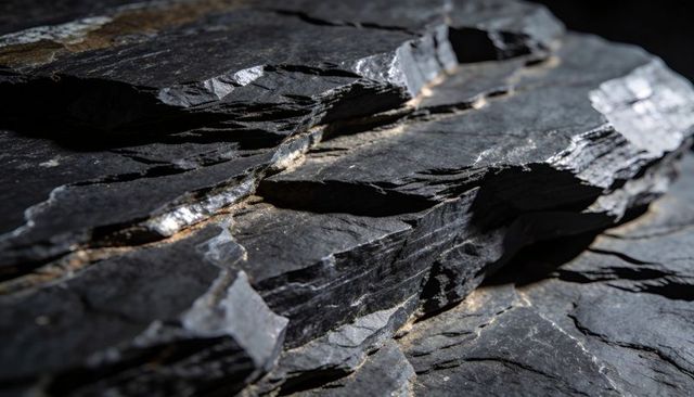 Stacking black shale slabs with gleaming mica faces, layered cleavage and mineral veins