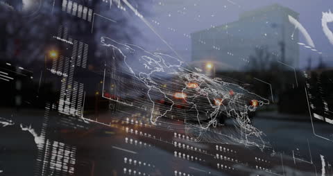 Futuristic Digital Interface with World Map Overlay on Cityscape
