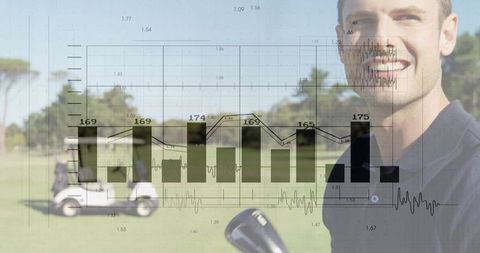 Golfer Analyzing Performance with Data Graphs and Statistics