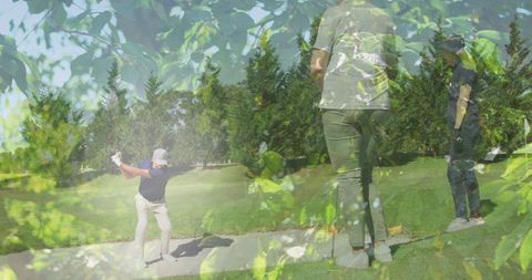 Senior caucasian couple playing golf blended with lush trees