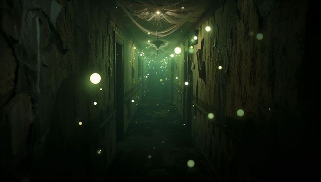 Abandoned gothic corridor with mysterious floating orbs