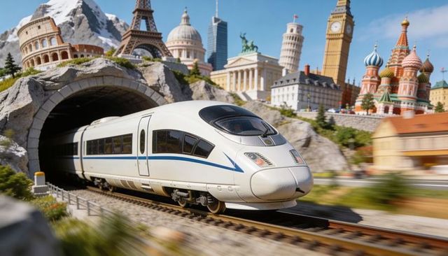 High-speed train emerging from tunnel in miniature global landmarks diorama