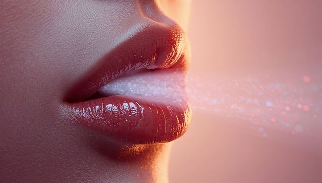 Glossy lips exhaling sparkling mist close-up with glitter bokeh and makeup shine