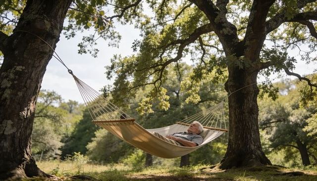 Senior man relaxing in hammock between oak trees in tranquil sunlit meadow