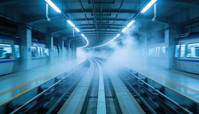Curved Metro Tracks Guiding into Steaming Underground Tunnel with Blurred Trains