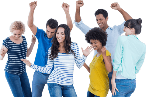 Transparent Group Cheerfully Dancing in Business Casual Attire