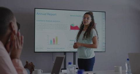 Businesswoman Presenting Annual Report Statistics in Office Meeting