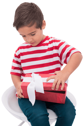 Cute Boy Excitedly Opening Gift Box Isolated on Transparent Background