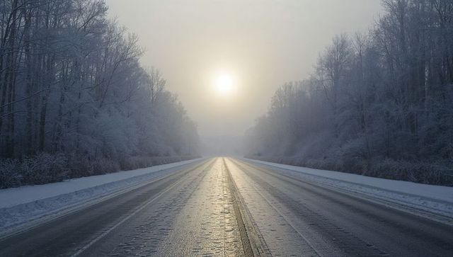 Sunlit icy highway leading through frosted forest toward pale sun at misty winter dawn