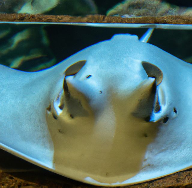 Close-up view of a stingray underwater in an aquarium. This image displays the unique features and markings on this fascinating sea creature, ideal for use in articles or educational materials about marine life conservation, ocean creatures, or underwater exploration.