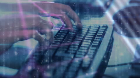 Hands Typing on Keyboard with Digital Binary Overlay