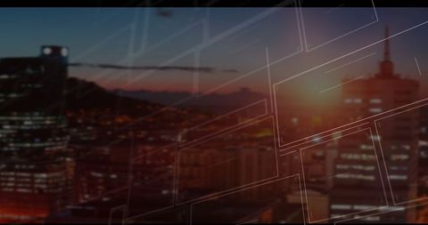 Futuristic skyline at dusk with abstract geometric overlays