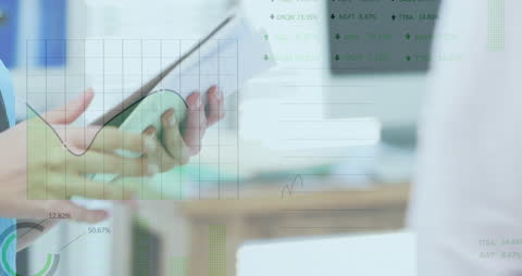 Female Doctor Writing on Clipboard with Overlay of Financial Graphs