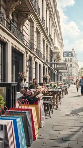 Florist arranging bouquets at sidewalk cafe vertical video with colorful shopping bags