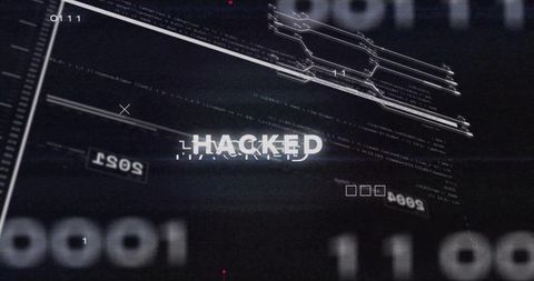 Hacked glitch hud display showing cyber attack and binary code on dark futuristic interface