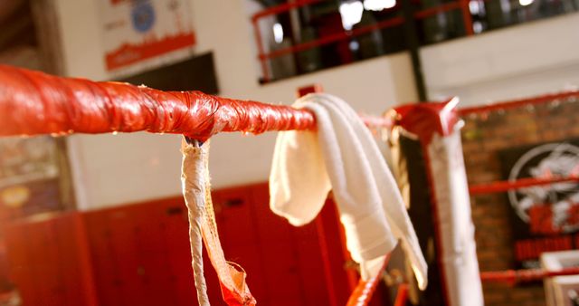 Towel hanging on boxing ring in fitness studio