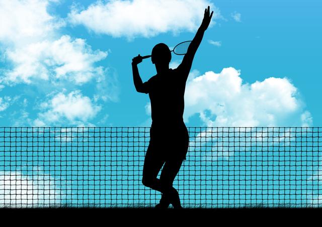 Silhouette of a tennis player holding a racket, celebrating a victory or making a shot with a net and blue sky in the background, perfect for illustrating outdoor sports activities, tennis events, and competitive spirit.