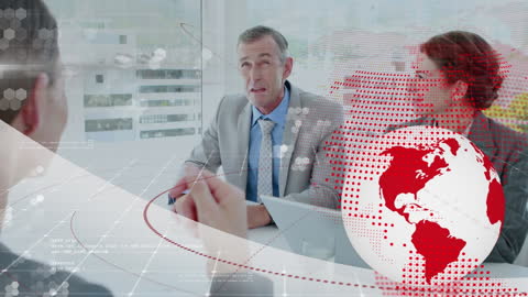 Corporate Meeting in Modern Office Setting with Digital World Overlay