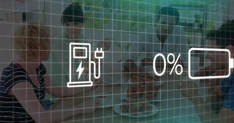 Coworkers chatting over coffee and pastries in office kitchen with battery icons overlay