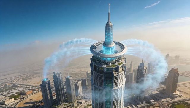 Futuristic skyscraper emitting blue energy ring powering tech grid over modern metropolis