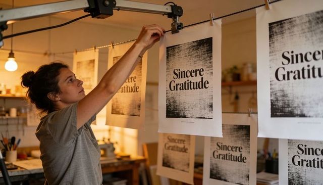Artist hanging sincere gratitude prints on studio drying line for print shop display