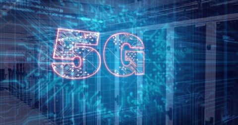 Glowing 5g hologram in data center aisle