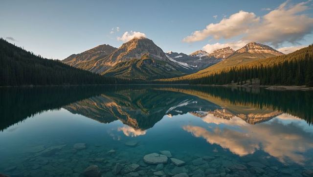Sunlit central peak reflecting on turquoise alpine lake with visible submerged rocks