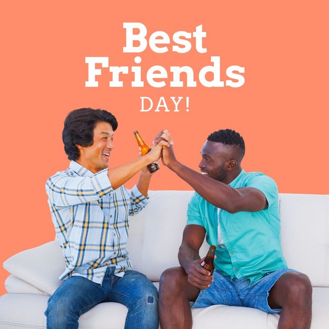 Best friends day text on cheerful multiracial friends enjoying on sofa against red background. digital composite, friendship, togetherness and bonding concept.