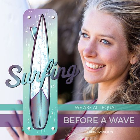 Inspiring Surfing Quote Overlay with Smiling Young Woman
