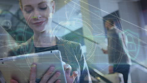 Businesswoman Using Tablet with Digital Overlay of Data Processing