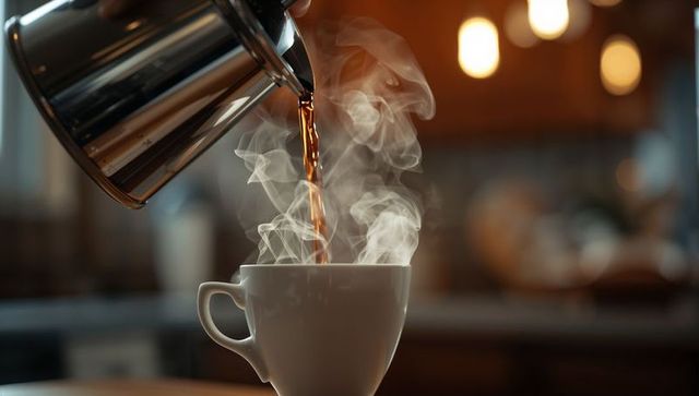 Pouring Aromatic Coffee into Mug Under Warm Cafe Lights