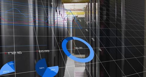 Futuristic data center corridor with digital graph overlays