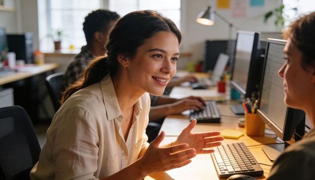 Hispanic woman leading friendly collaboration in sunlit open-plan office at computer desk