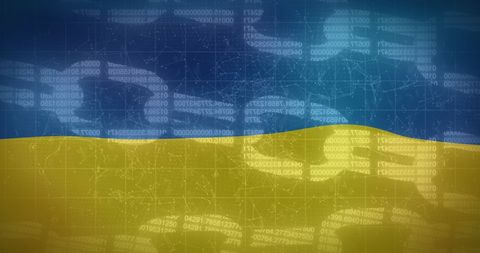 Digital interpretation of ukrainian flag with map and code overlay