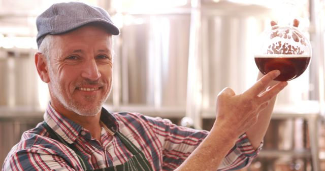 Senior male brewer dressed in a plaid shirt and apron, holding up a glass of craft beer for inspection within a brewery. Great for illustrating industrial quality control, craft beer production, brewing process, and the expertise in the beverage industry.