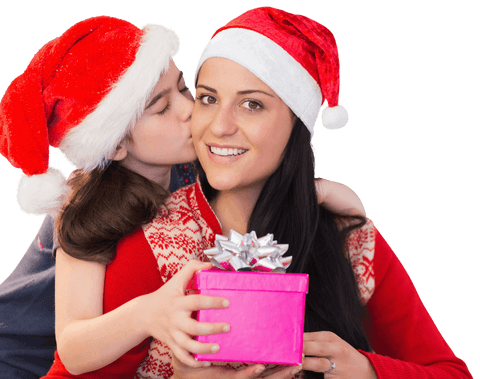 Caucasian Daughter Kissing Mother Holding Pink Christmas Gift on Transparent Background