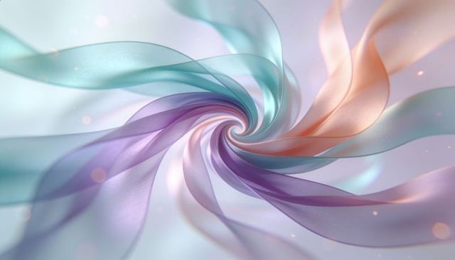 Swirling pastel ribbon vortex spiraling iridescent transparent silk layers over soft bokeh