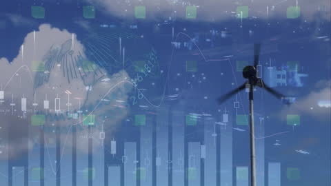 Sustainable Energy Concept with Wind Turbine and Digital Data Overlay