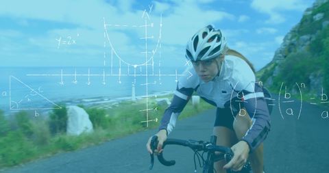 Woman Cycling with Overlay Math Equations on Countryside Road