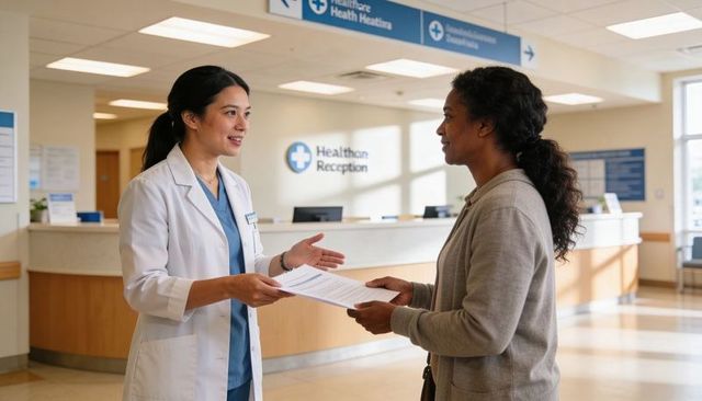 Friendly healthcare provider handing paperwork to patient at clinic reception desk