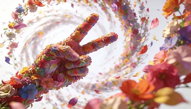 Extending sculpted floral arm forming peace sign against swirling petal vortex