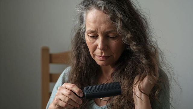 Senior woman brushing long gray-brown hair in quiet reflective moment wearing light top
