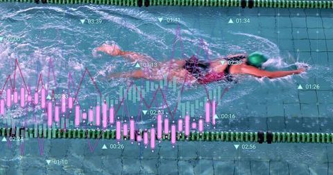 Competitive Swimmer Cutting Through Lane Showing Real-Time Performance Data and Analytics