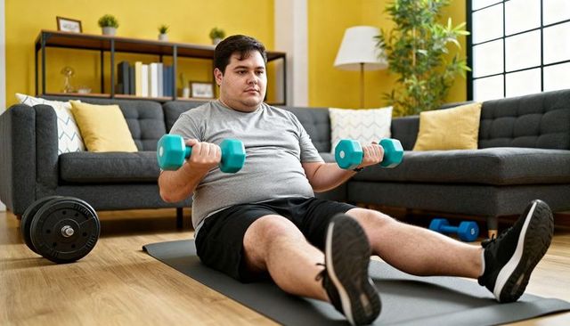Overweight man lifting teal dumbbells on mat in bright living room home workout
