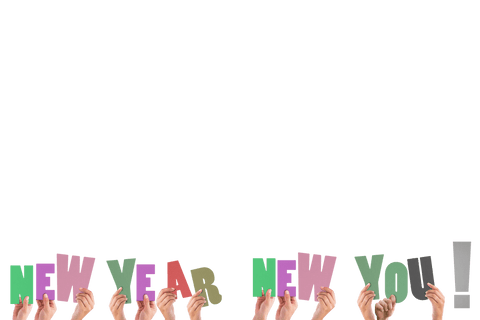Transparent hands holding new year new you colorful letter signs
