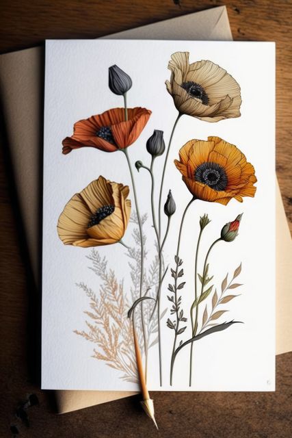 Intricate botanical drawing of colorful poppies placed on a wooden surface, accompanied by an envelope underneath and a pencil beside it. Perfect for use in greeting cards, invitation designs, botanical art enthusiasts, or stationary-related content. Great for blogs about gardening, crafts, and nature-inspired art.