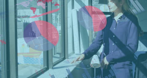 Businesswoman Analyzing Financial Data with Overlaid Graphs in Office