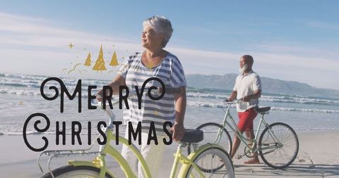 Senior Couple Enjoying Beach Walk with Bicycles, Spread Christmas Cheer