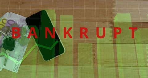 Bankrupt concept showing smartphone with falling graph, euro notes and car key